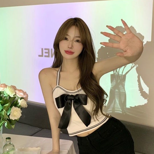 Jiashucheng Áo Hai Dây Dệt Kim Quấn Ngực Mùa Hè Dáng Ngắn Thắt Nơ Bên Trong