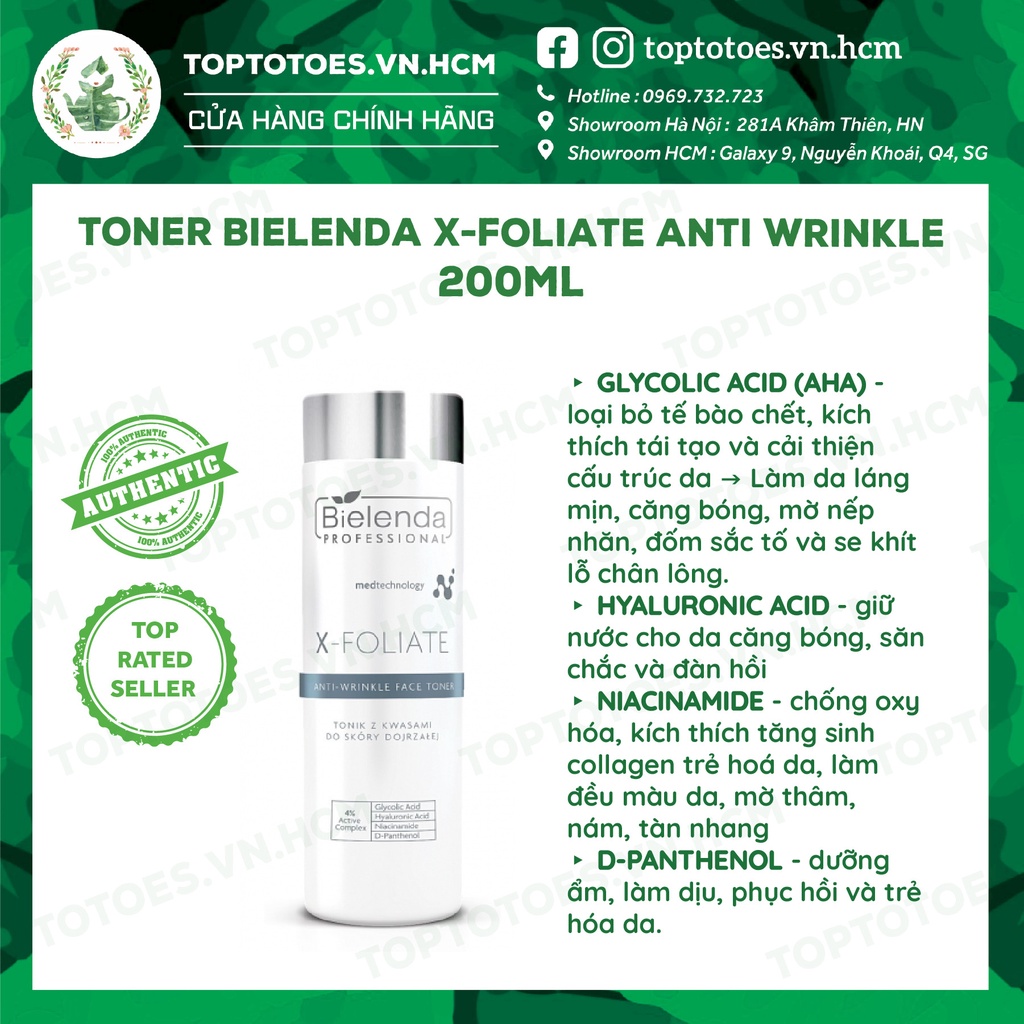 Toner trẻ hoá da Bielenda Professional X-FOLIATE Anti Wrinkle dưỡng ẩm và chống lão hoá 200ml