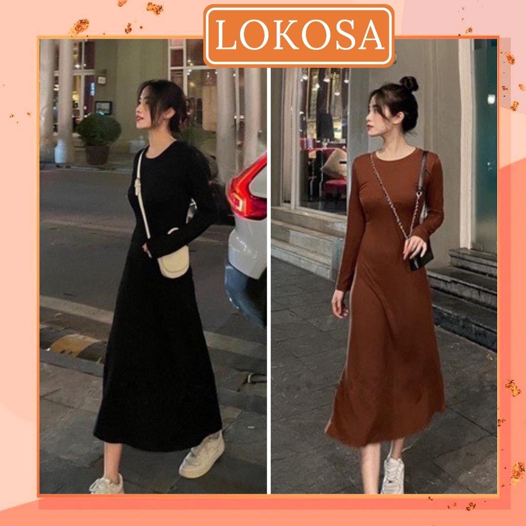 Váy Len Dáng Dài Nữ Thu Đông LOKOSA Đầm Maxi Ôm Body Tay Dài Cổ Tròn Hàn Quốc Công Sở Đi Dự Tiệc Sang Trọng VD022