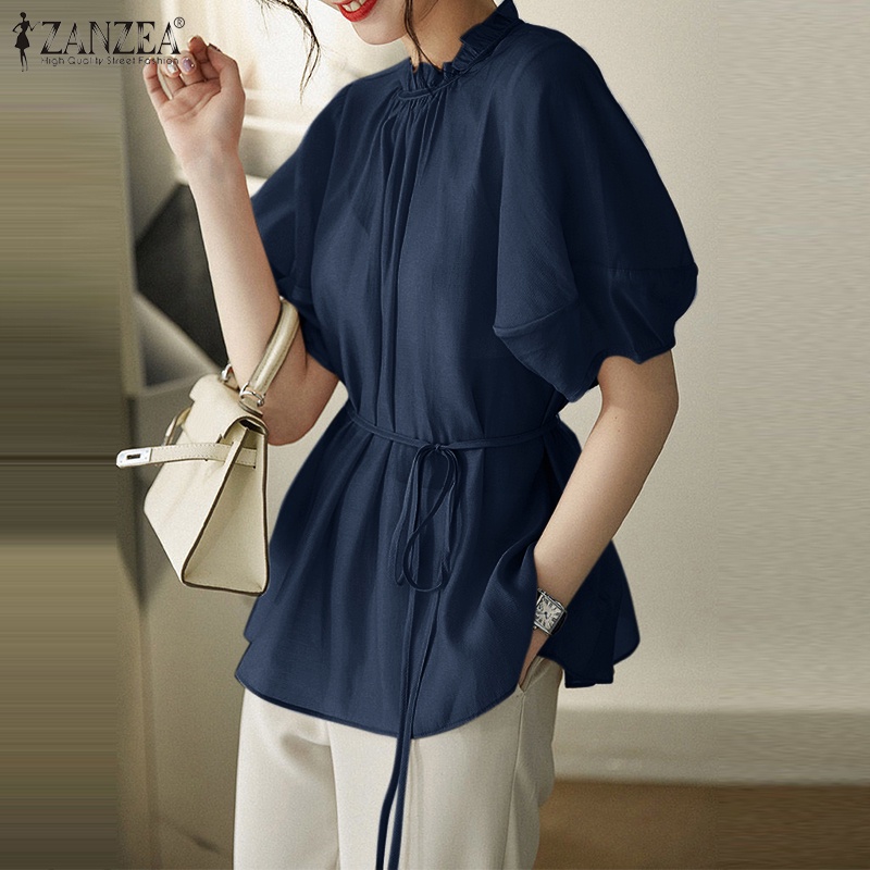 Áo kiểu Zanzea tay phồng ngắn cổ đứng phối bèo và dây thắt nút thời trang thanh lịch cho nữ