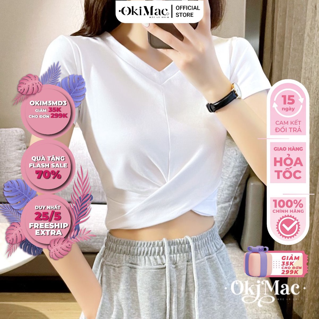 Áo croptop nữ cổ tim chữ v tay ngắn kiểu ôm body xoắn eo thun cotton phong cách ulzzang thời trang nữ OKIMAC