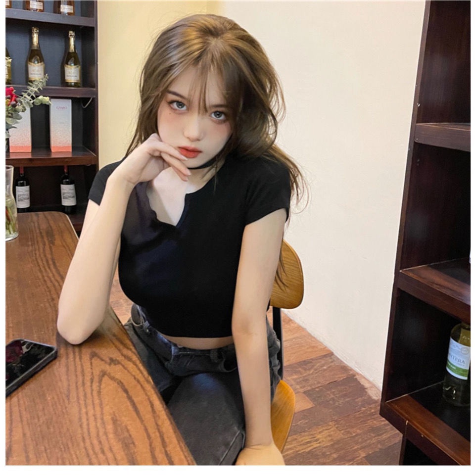Happy-store  Áo CroptopTay Ngắn Phồng Cổ Chữ V Phong Cách Hàn Quốc Cho Nữ Happy Store