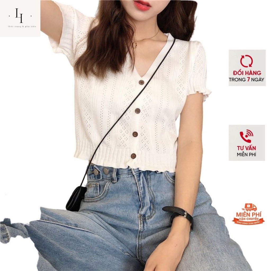 Áo croptop nữ kiểu cardigan dệt kim  tay ngắn cổ tim chữ V dáng ôm body  phong cách Hàn Quốc cá tính Liao shop