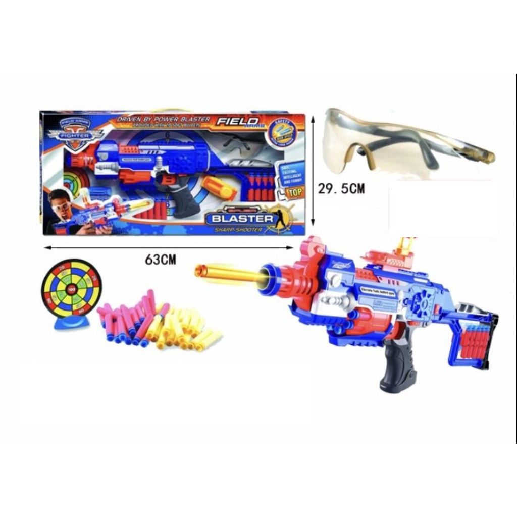 Đồ chơi liên thanh Blaster xanh dài phóng xốp kèm kính bảo hộ, tiêu điểm cho trẻ em