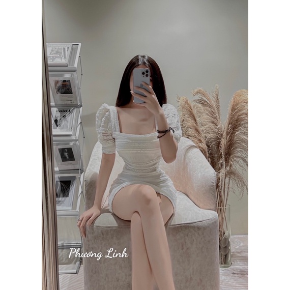 Váy ren cổ vuông tay bồng 2 màu siêu xinh