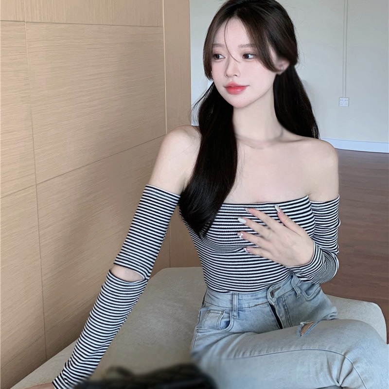 Áo thun tay dài trễ vai họa tiết kẻ sọc nhiều màu sắc thời trang quyến rũ cho nữ