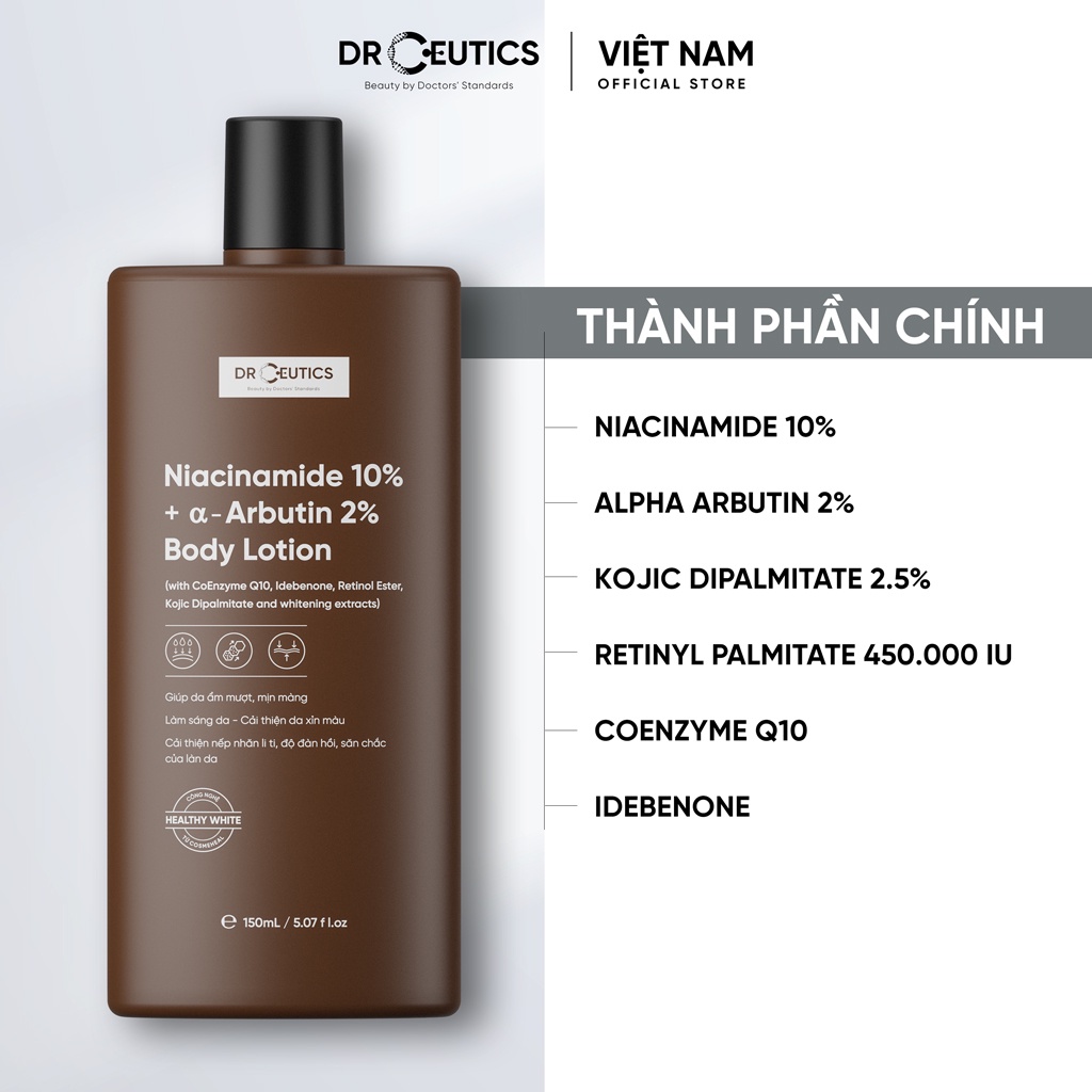 DrCeutics Sữa Dưỡng Thể NIACINAMIDE 10% + α- ARBUTIN 2% BODY LOTION Giúp da cơ thể ẩm mượt, mịn màng