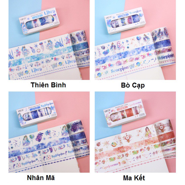 Set 6 Cuộn Washi Tape Cung Hoàng Đạo Băng Dính Trang Trí Scrapbook, Planner