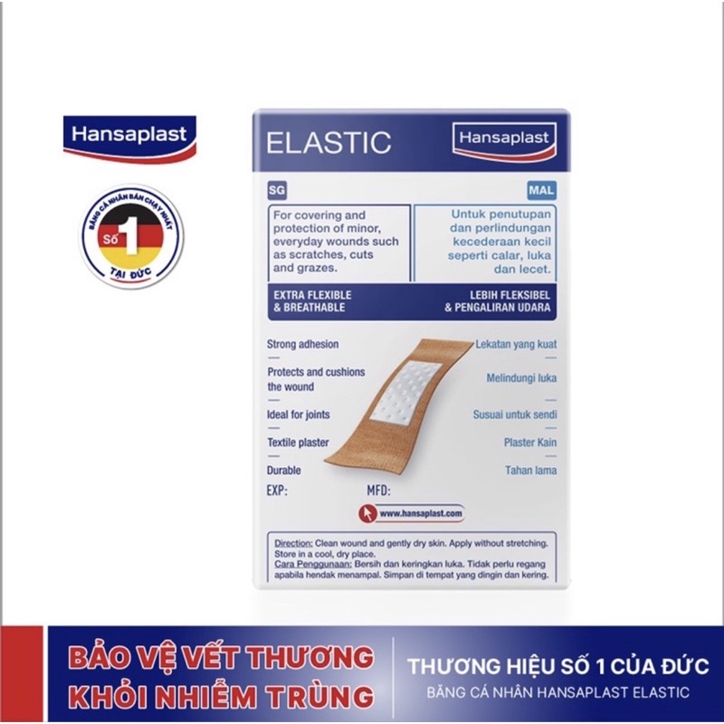 Băng cá nhân Hansaplast Elastic gói 100 miếng, bằng vải co giãn và cực kỳ thoáng khí