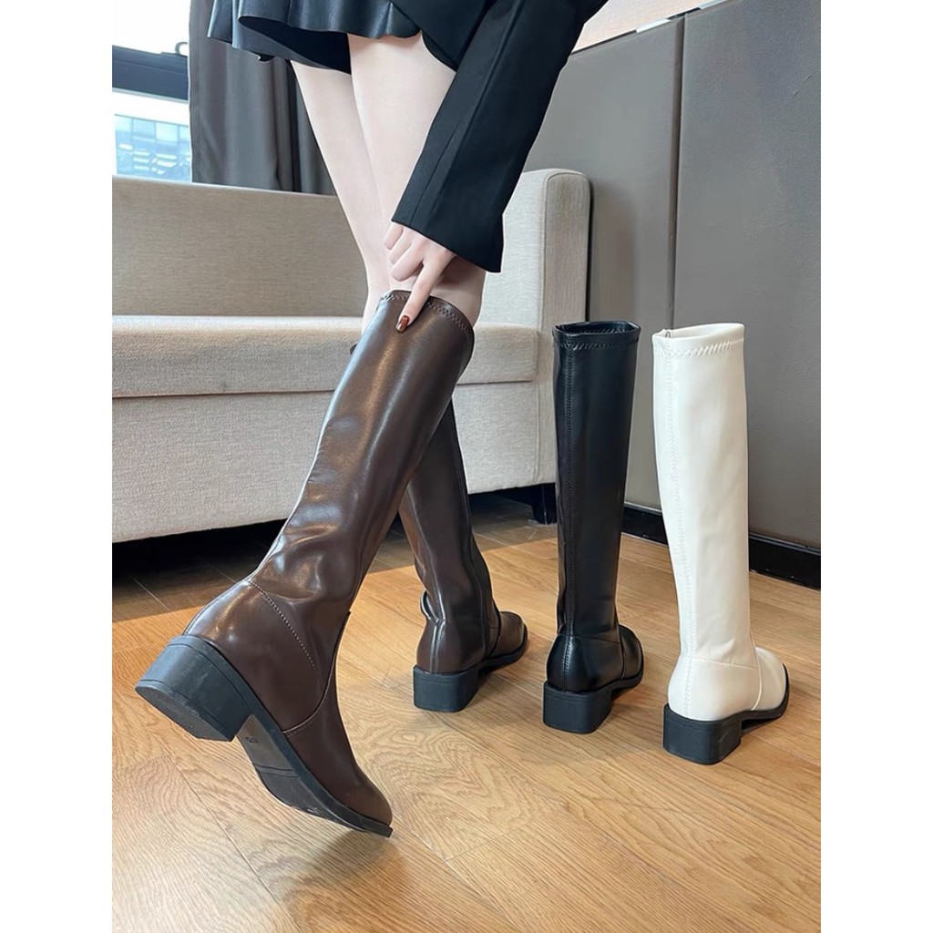 Boot đùi bốt đùi nữ da lì trơn gót vuông cao 4p chất liệu da cao cấp hàng Quảng châu | BigBuy360 - bigbuy360.vn