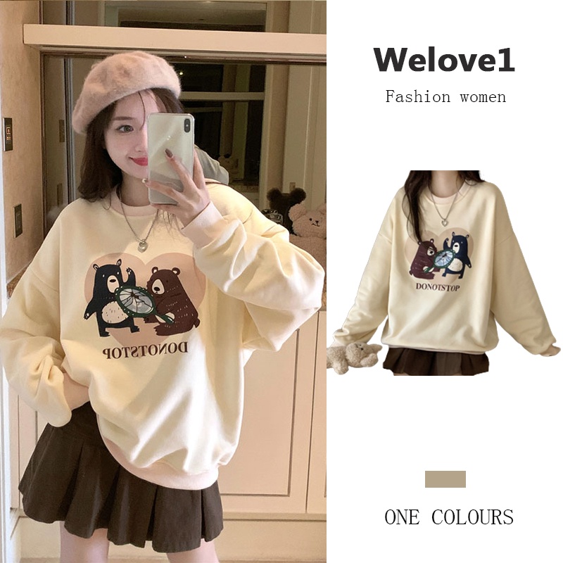 QOEDDV Áo sweater Cổ Tròn Tay Dài Dáng Rộng In Họa Tiết Dễ Thương Phong Cách Hàn Quốc Cho Nữ