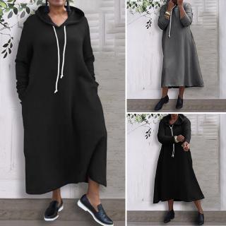 Đầm hoodie dáng dài màu trơn thời trang cho nữ