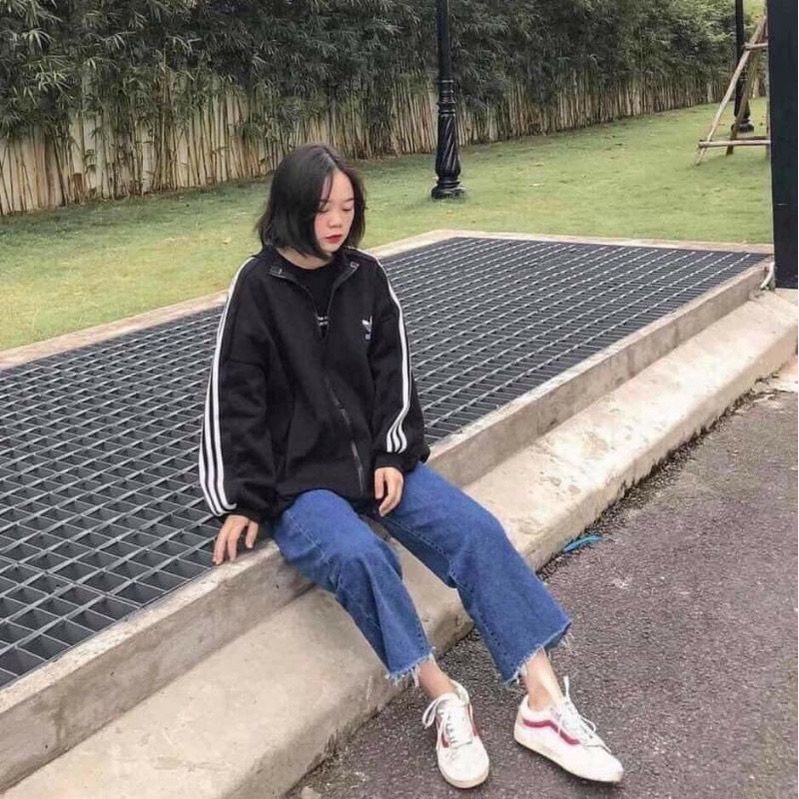 Áo Khoác Nỉ Adidas Nữ - Áo mùa đông form rộng tay bồng kẻ sọc tay, thiết kế đơn giản, bắt mắt HOT