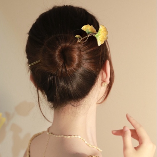Kẹp Tóc Hình Lá Ginkgo Màu Vàng Phong Cách Trung Hoa