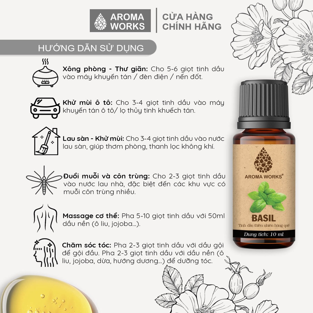 Tinh Dầu Húng Quế Xông Phòng, Khử Mùi, Giảm Mệt Mỏi, Giải Cảm Aroma Works Basil