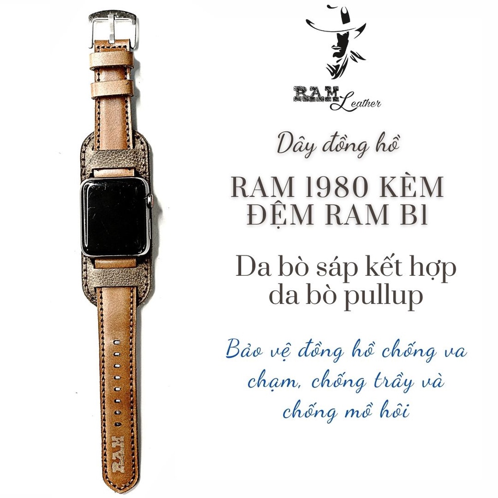 Combo Dây đồng hồ RAM Leather vintage B1 1980 da bò nâu đỏ kiểu quân đội