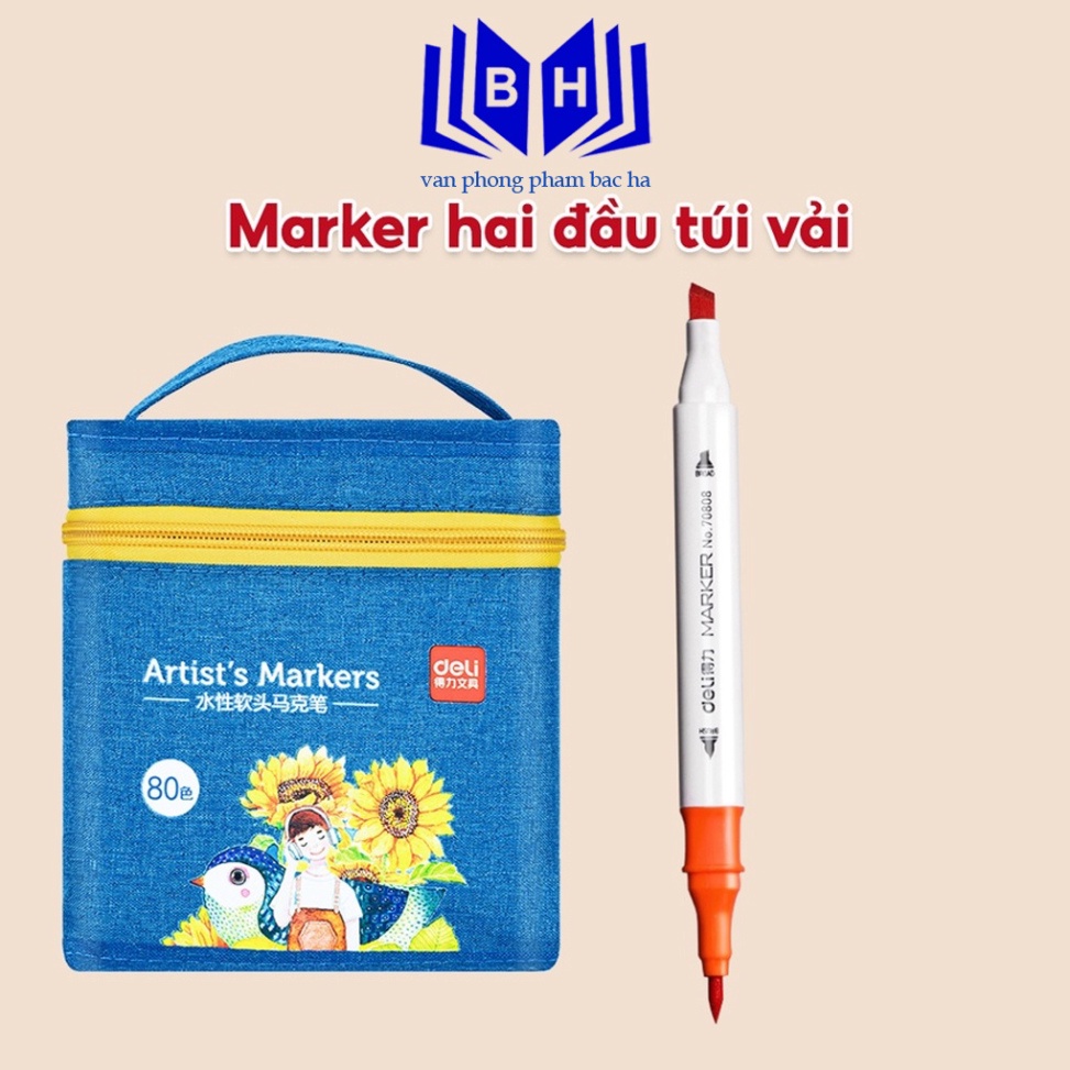 Bắc Hà Bút màu marker 2 đầu túi vải bò Deli - mực có thể rửa được - có đầu brush và vát - 30 màu/40màu/60màu/80màu -7080