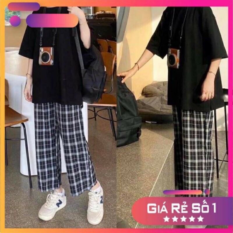- - Quần kẻ caro nữ cạp chun lưng cao ống rộng  - - mẫu hot