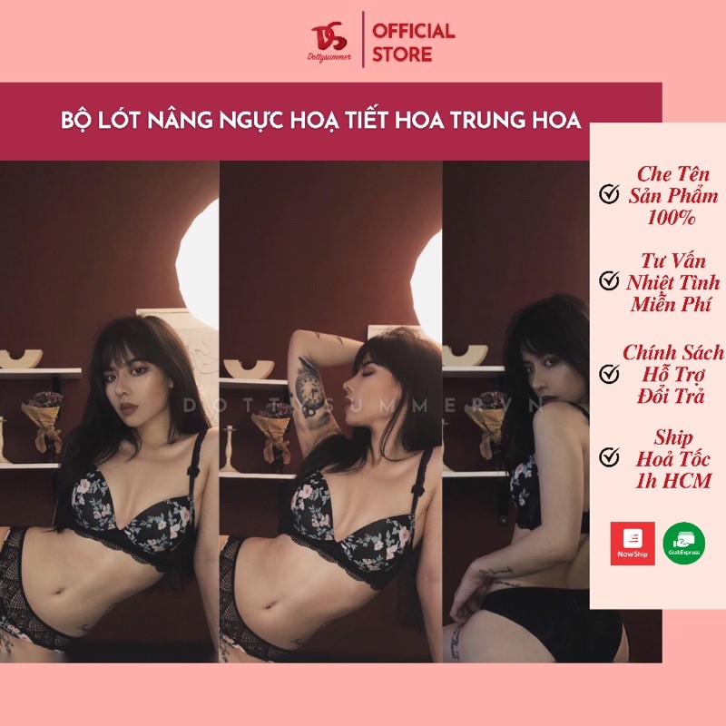 Bộ Lót Có Gọng Nâng Ngực Hoạ Tiết Hoa, Áo & Quần Lót Bộ Mút Đệm Vừa Thun Hoa Trung Hoa Phối Ren Mềm Đẹp