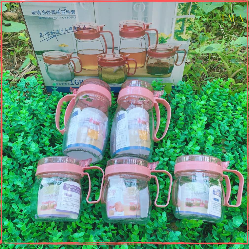 Bộ 5 Lọ Thủy Tinh Đựng Gia Vị Cao Cấp Nắp Hồng