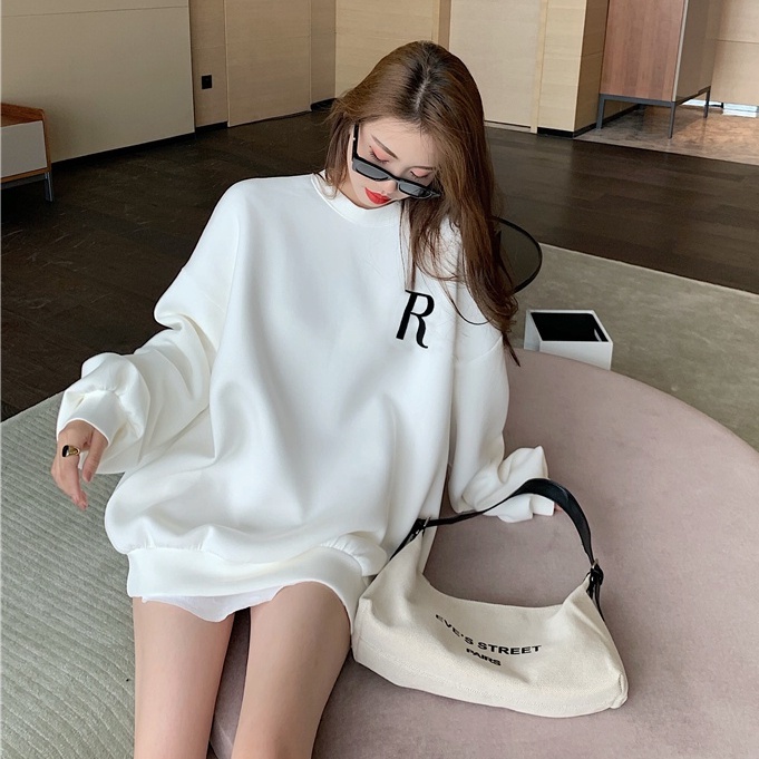 QADCOL Áo sweater dáng rộng in họa tiết chữ phong cách Hàn Quốc trẻ trung