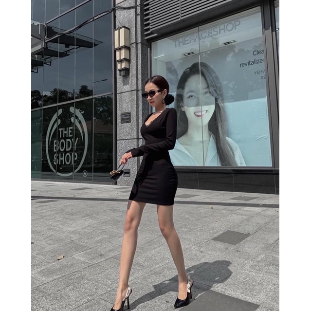 Đầm body nữ hở lưng chất vải thun gân len 4 chiều viền ren cổ V gợi cảm FreeSize - Bảo An Shop Hot | BigBuy360 - bigbuy360.vn