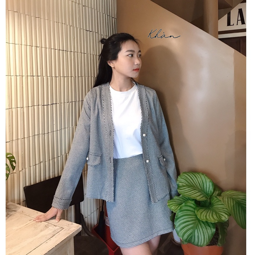 Áo khoác dạ giả tweed kèm chân váy chữ a KHÀN dáng ngắn phong cách Hàn Quốc thanh lịch