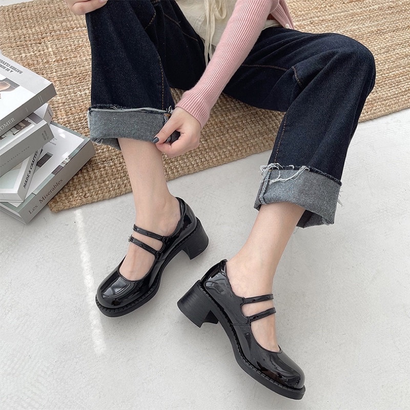 Giày lolita đế cao 5p quai ngang, giày cao gót màu đen 2 quai ngang