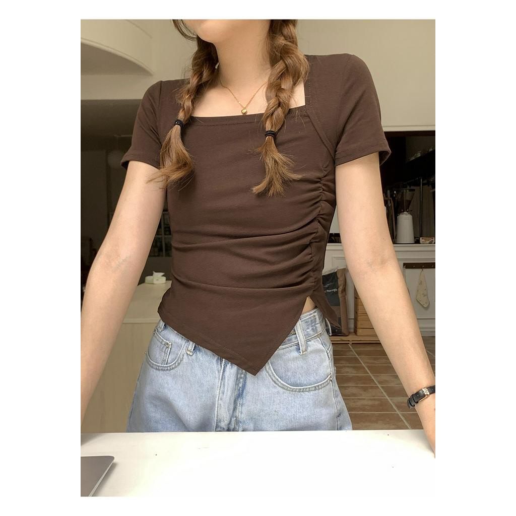 Áo Thun Tay Ngắn Cổ Vuông Xếp Ly Kiểu Mới 63844