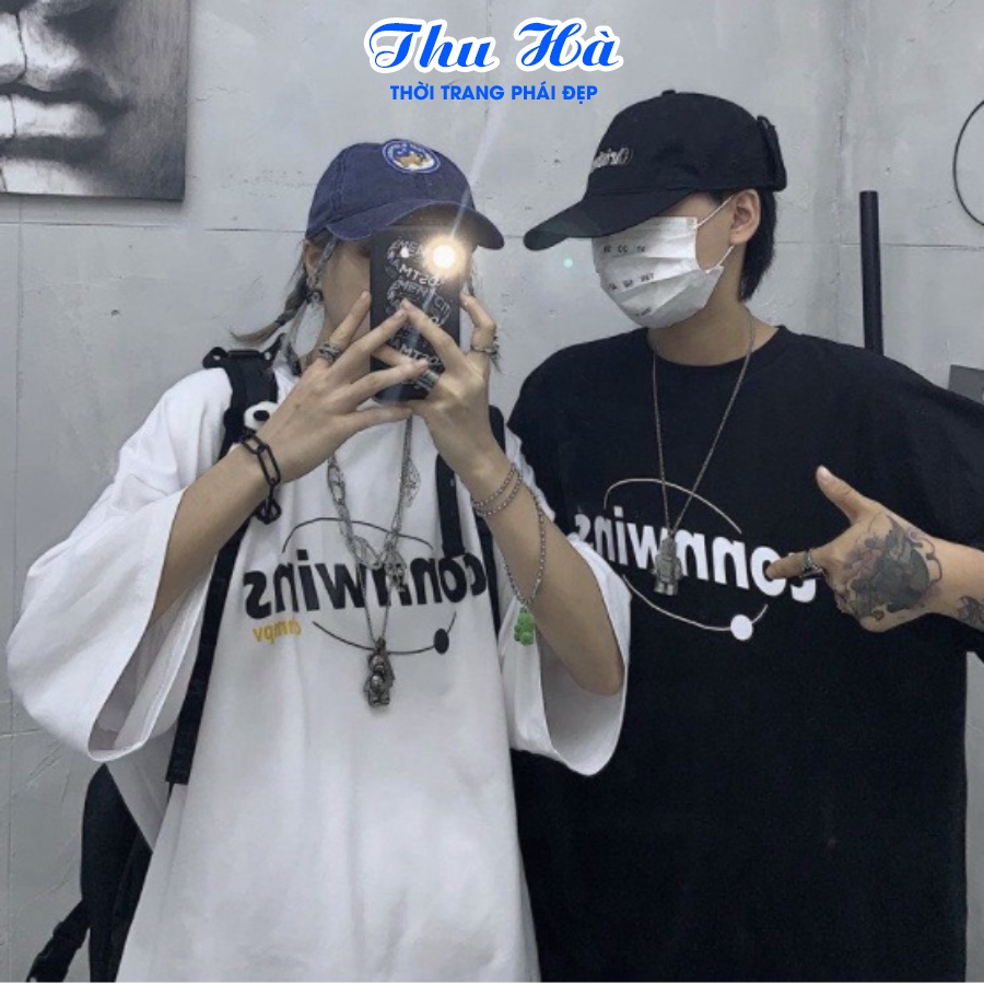 Áo phông unisex Thu Hà áo thun nam nữ form rộng tay lỡ, chất liệu bền mát in chữ Connwins