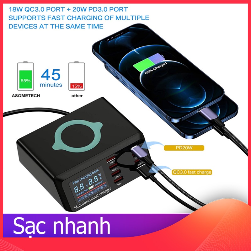 Bộ sạc 8 cổng USB PD để bàn PD3.0 QC3.0 thông minh Bộ sạc không dây 100W Đế sạc cho iPhone 11 SE Đầu c