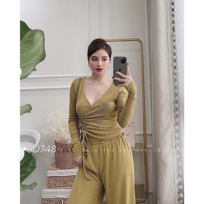 Set bộ len tăm áo kiểu vạt đắp chéo rút dây cho các nàng 🍃