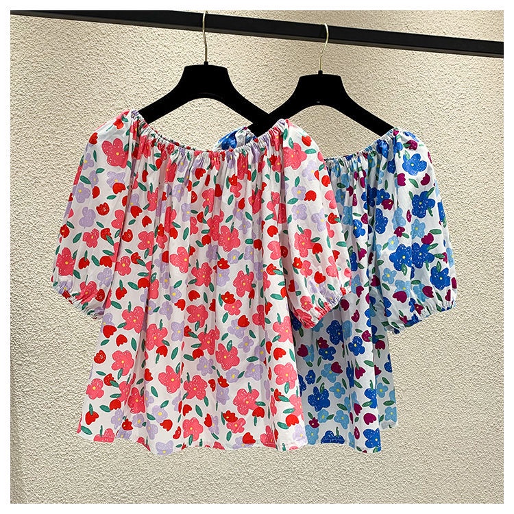 Áo Sơ Mi Chiffon Tay Ngắn Phồng Dáng Rộng Trễ Vai In Họa Tiết Hoa Thời Trang Mùa Hè Cho Nữ