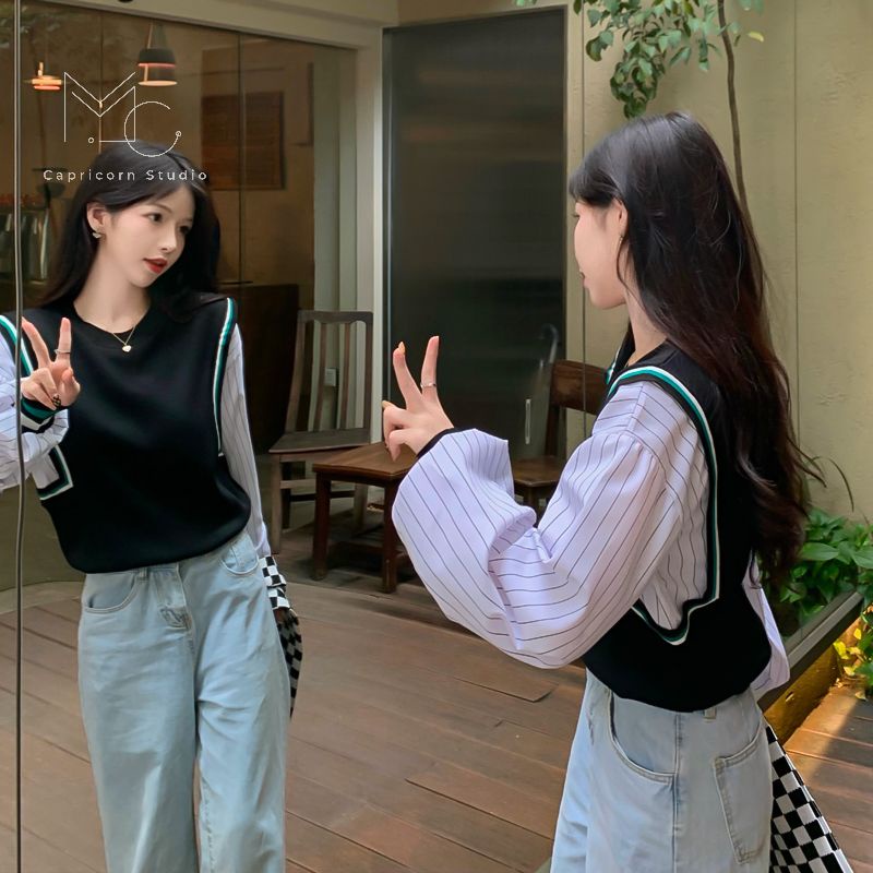 Áo sweater giả áo gile và tay sơmi độc đáo phong cách Hàn Quốc Ulzzang