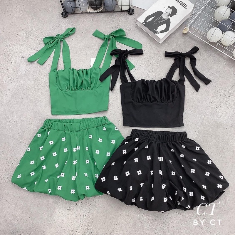 Set áo buộc nơ quần phồng
