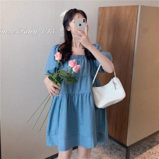 Váy denim tay bồng cổ vuông dáng rộng xinh xắn nữ tính phong cách retro Hàn Quốc