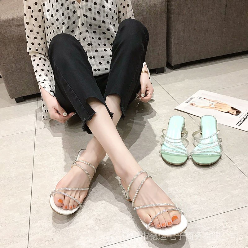 Dép Sandal Đế Dày Quai Ngang Đính Đá Thời Trang Mùa Hè Hàn Quốc 2021 Cho Nữ