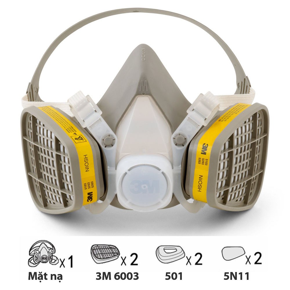 Mặt nạ khẩu trang phòng độc 3M 6100 + Phin lọc 6003 + đầy dủ phụ kiện - Phun thuốc sâu, Chống các chất khí độc hại