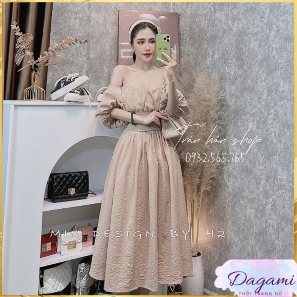Đầm dự tiệc trễ vai tay bồng Dagami dáng dài xòe vải đũi khóa lưng chạy chun ôm eo sang chảnh