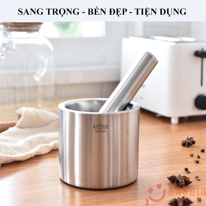 Bộ cối chày inox 304 Anshin - hàng cao cấp không vết hàn - bảo hành trọn đời không han gỉ