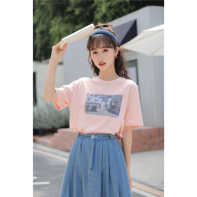 Áo Thun Ngắn Tay Cổ Tròn Dáng Rộng In Họa Tiết Đơn Giản Theo Phong Cách Hàn Quốc