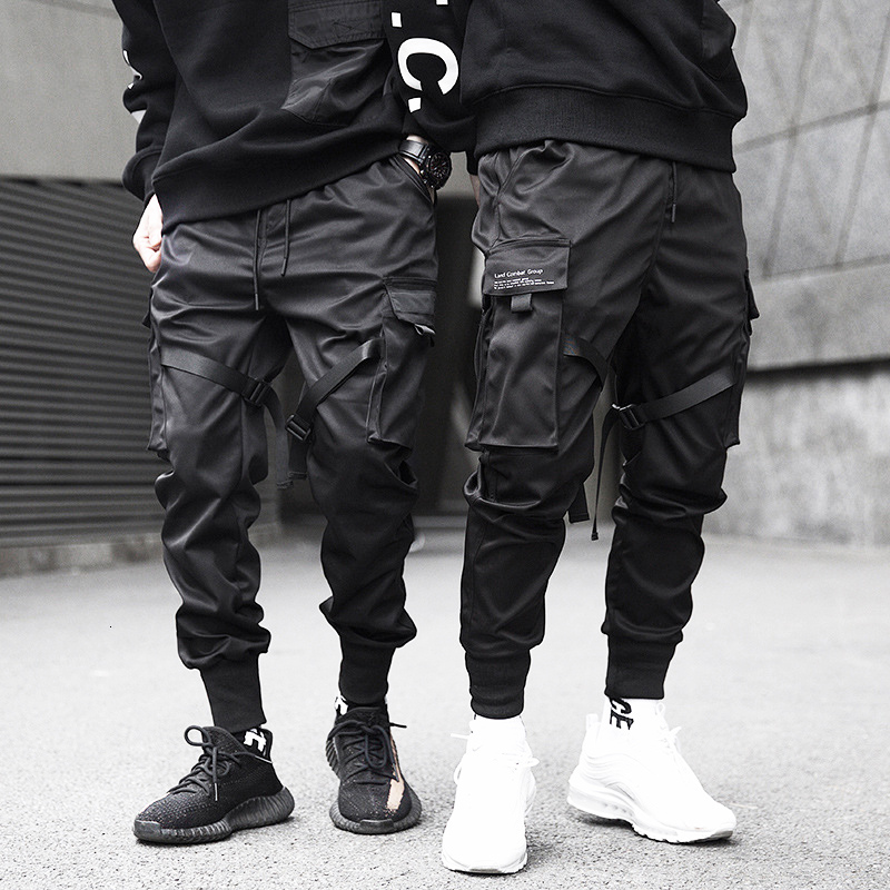 Quần Jogger Dài 6 Túi Màu Đen Dáng Ôm Lưng Thun Phối Dây Rút Phong Cách Hip Hop Đường Phố Cho Nam