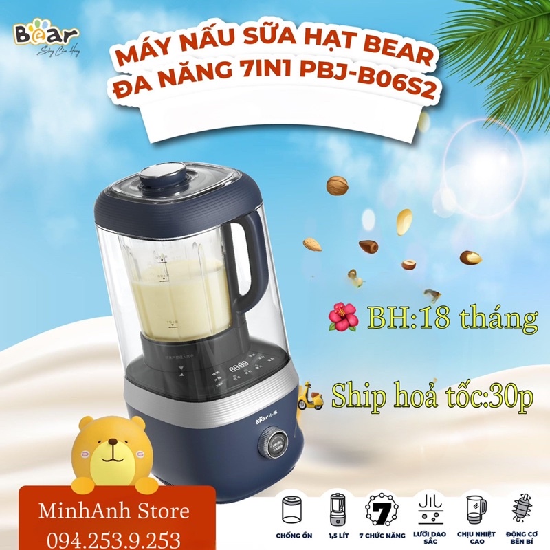 Máy làm sữa hạt Bear 1L_:PBJ- B06K8  đa năng, chống ồn, có nắp đậy - bảo hành 12 tháng