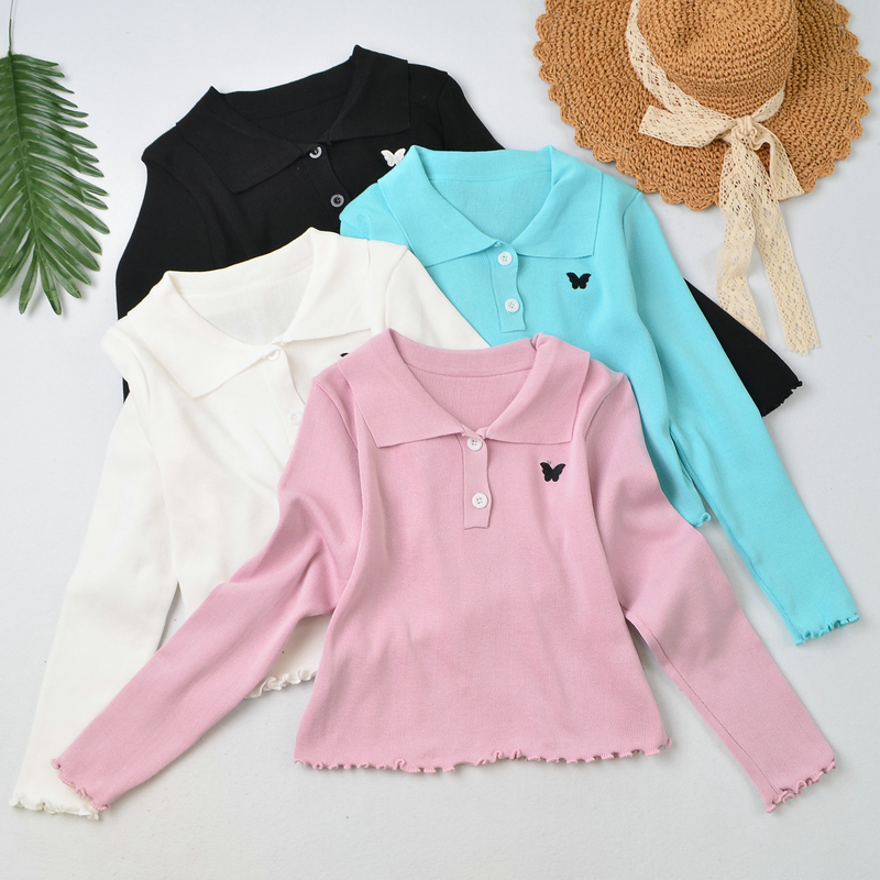 SUXI BUTTERFLY Áo Sơ Mi Dệt Kim Tay Dài Hoạ Tiết Bướm Thêu Nhiều Màu Sắc Phong Cách Retro