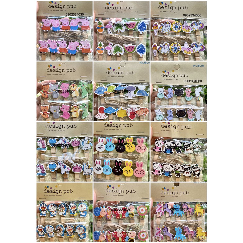 Set 10 kẹt gỗ kiểu hình thú cưng - Sỉ & Lẻ nhiều kiểu mẫu dùng treo ảnh trang trí tiệc + Tặng kèm 1,5m dây thừng