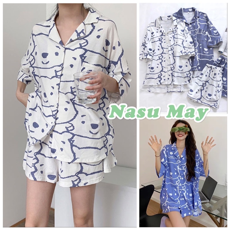 BỘ ĐỒ NGỦ NỮ GẤU 🦋 SET PIJAMA GẤU 2 MÀU XINH MẶC NHÀ Tay Cộc 🦋