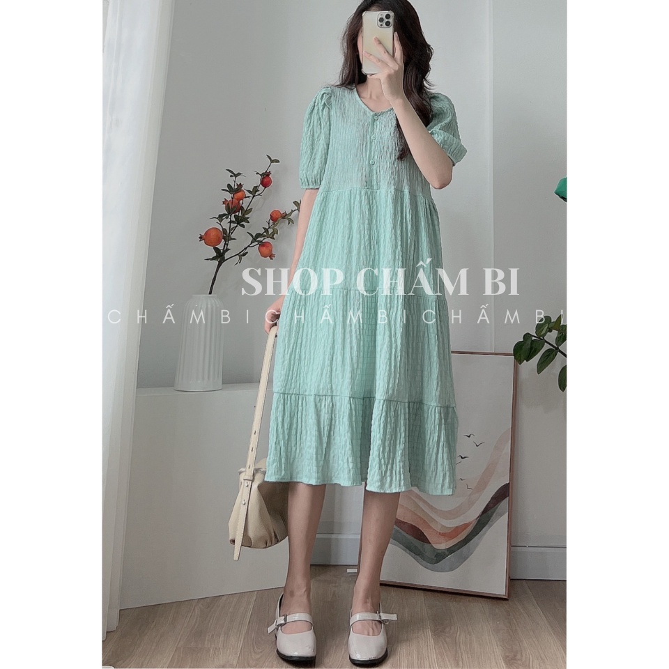Váy kiểu tiểu thư V.118, Váy babydoll xòe tầng xốp nhăn cúc ngực tay bồng ngọt ngào - Thời trang nữ Chấm Bi