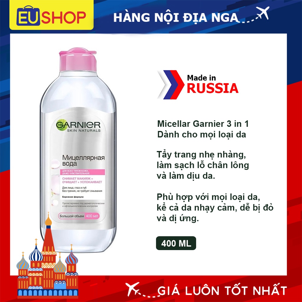 Nước tẩy trang Garnier Micellar của Nga ( Hồng cho mọi loại da ) Lọ 400ml