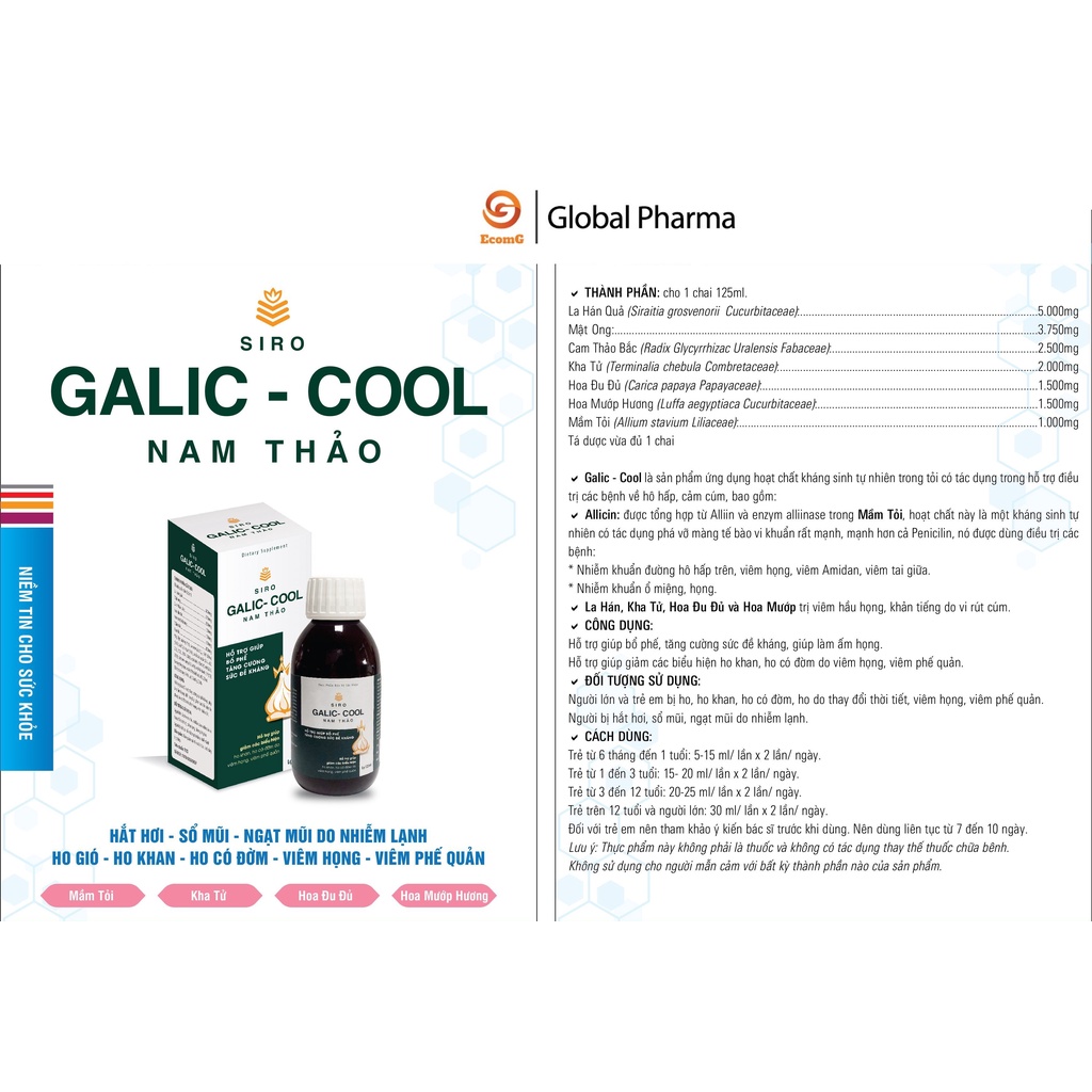 Siro galic-cool nam thảo AN CHÂU bổ phế tăng cường sức đề kháng giúp làm ấm họng 1 lọ 125ml - Global Pharma