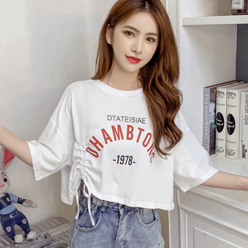 Áo Thun Ngắn Tay Cổ Tròn Dáng Rộng Phối Dây Rút Thời Trang Mùa Hè Cho Nữ